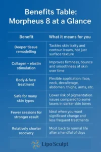 How Often Can I have Morpheus 8? 3 Table showing the benefits of Morpheus 8 treatment from Lipo Sculpt Wheathampstead